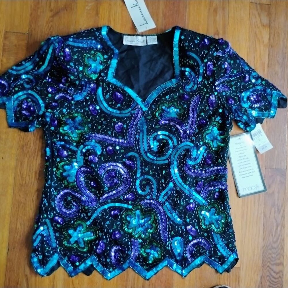 Vintage Lawrence Kazar Silk Beaded Sequin Embroidered Top Size Small NWT